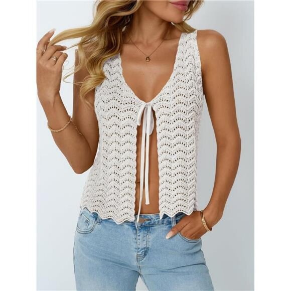 Crochet Tops for Women Summer Vacation Outfits Beach Coverup Going Out Tie Front - Picture 3 of 6